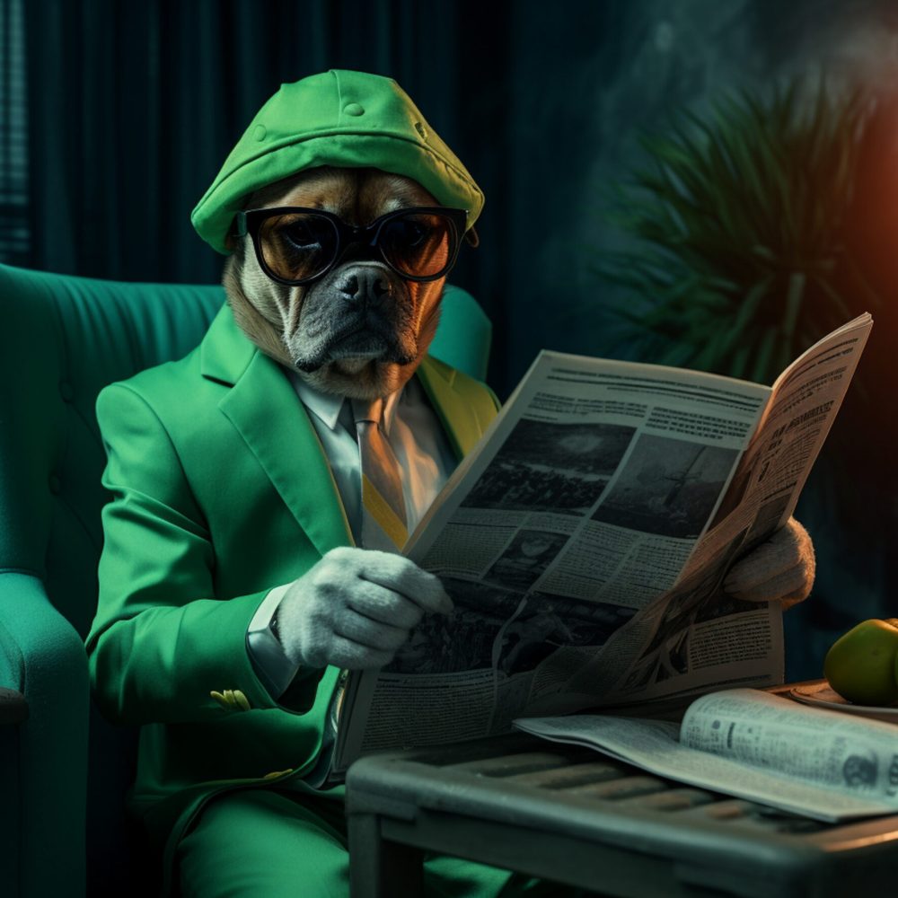 a dog in a green suit reading a newspaper in a room, in the style of hyper-realistic animal illustrations, tokina at-x 11-16mm f/2.8 pro dx ii, junglepunk, rendered in cinema4d, dramatic lighting, characterized animals, advertisement inspired --ar 13:9 --v 5.2 Job ID: a433bbfa-9684-43f3-920d-e2f845445575