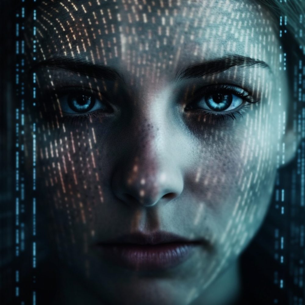 Young adult portrait glows with futuristic technology generated by artificial intelligence